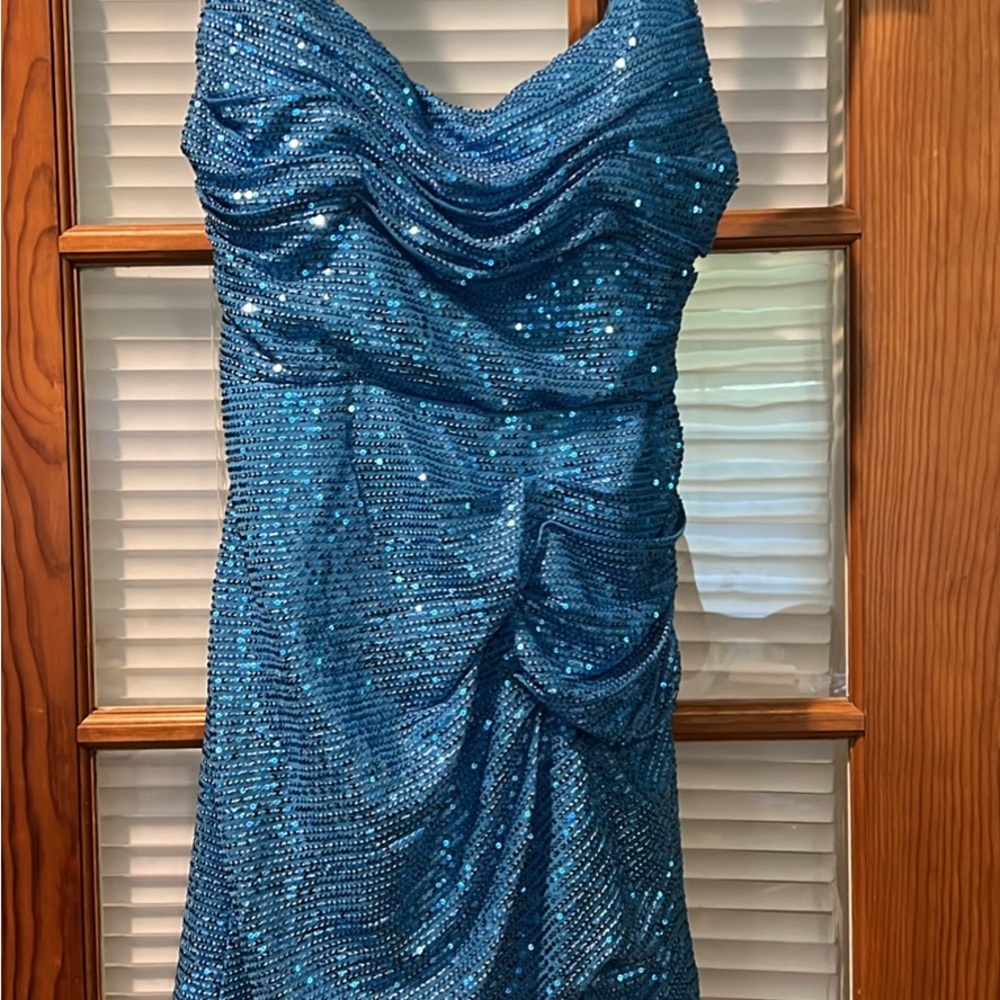 Blue Ruched Sequin Cowl Neck Dresse